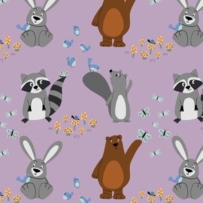 Cute Forest Animals - bear, bunny, squirrel, raccoon - lavender background - small scale - shw1012 bb