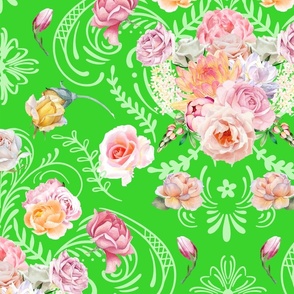 Rose Damask Medallion with Watercolor Flowers on leafy Green