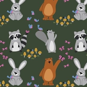 Cute Forest Animals - bear, bunny, squirrel, raccoon - dark green background - small scale - shw1012 aa
