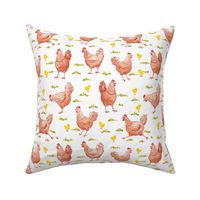Watercolor chickens on white background, chicken fabric, birds fabric