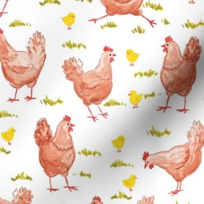 Watercolor chickens on white background, chicken fabric, birds fabric