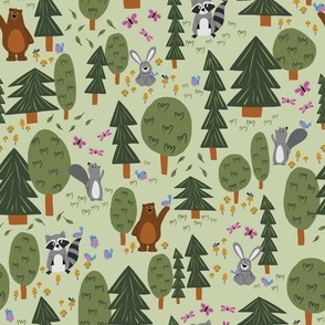 Forest Friends - cute woodland animals - bear, bunny, raccoon, squirrel - light green - shw1014 bbb