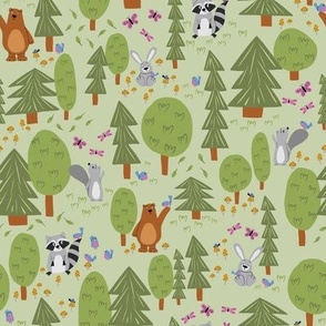 Forest Friends - cute woodland animals - bear, bunny, raccoon, squirrel - pastel green - shw1014 eee