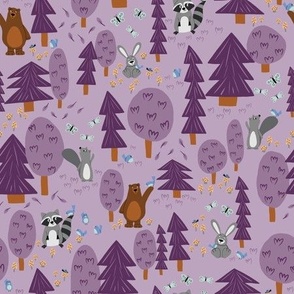 Forest Friends - cute woodland animals - bear, bunny, raccoon, squirrel - lavender purple - shw1014 ggg