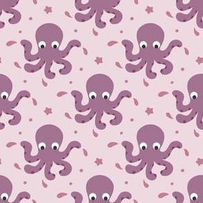 Cute purple burgundy octopuses in pink ocean background