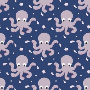 Cute lilac octopuses in deep dark blue ocean background