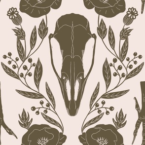 bird skull and poppies damask large scale