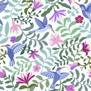 Hummingbird garden - green leaves, purple flowers on white background - small scale 9 inch