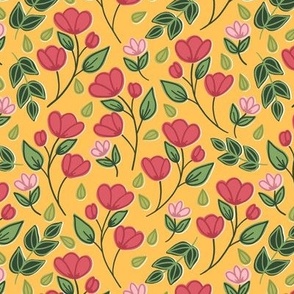 Red and pink flowers on yellow background