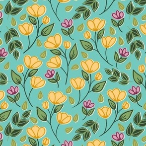 Retro yellow and lavender flowers on turquoise background