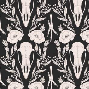 bird scull and poppies black and cream