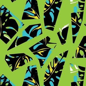 Tropical abstract in white_ charcoal 90_ bright grass green_ sea blue turquoise and bright yellow 100