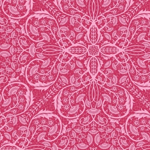 Bright pink tone on tone maximalist antique floral wallpaper for festive season - large.