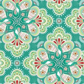 Folk inspired maximalist conversational print of floral shaped peacock medallions - large scale.