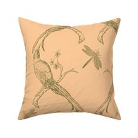 Birds and dragonflies, large version, warm biscuit and grey-green