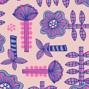 Daisy May Retro Fun Playful Hand-Drawn Floral Botanical with Checkered Leaves, Striped Stems and Dots in Pink and Lavender Purple - LARGE Scale - UnBlink Studio by Jackie Tahara