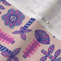 Daisy May Retro Fun Playful Hand-Drawn Floral Botanical with Checkered Leaves, Striped Stems and Dots in Pink and Lavender Purple - TINY Scale - UnBlink Studio by Jackie Tahara