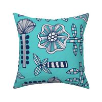 Daisy May Retro Fun Playful Hand-Drawn Floral Botanical with Checkered Leaves, Striped Stems and Dots in Dark Blue Gray White on Turquoise - LARGE Scale - UnBlink Studio by Jackie Tahara