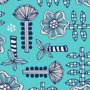 Daisy May Retro Fun Playful Hand-Drawn Floral Botanical with Checkered Leaves, Striped Stems and Dots in Dark Blue Gray White on Turquoise - LARGE Scale - UnBlink Studio by Jackie Tahara