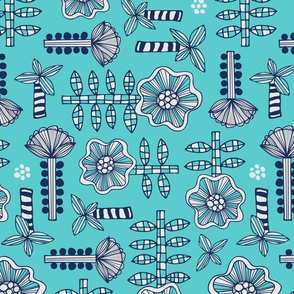 Daisy May Retro Fun Playful Hand-Drawn Floral Botanical with Checkered Leaves, Striped Stems and Dots in Dark Blue Gray White on Turquoise - MEDIUM Scale - UnBlink Studio by Jackie Tahara