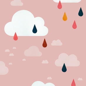 Clouds and colourful raindrops (Pink) - half-drop wallpaper