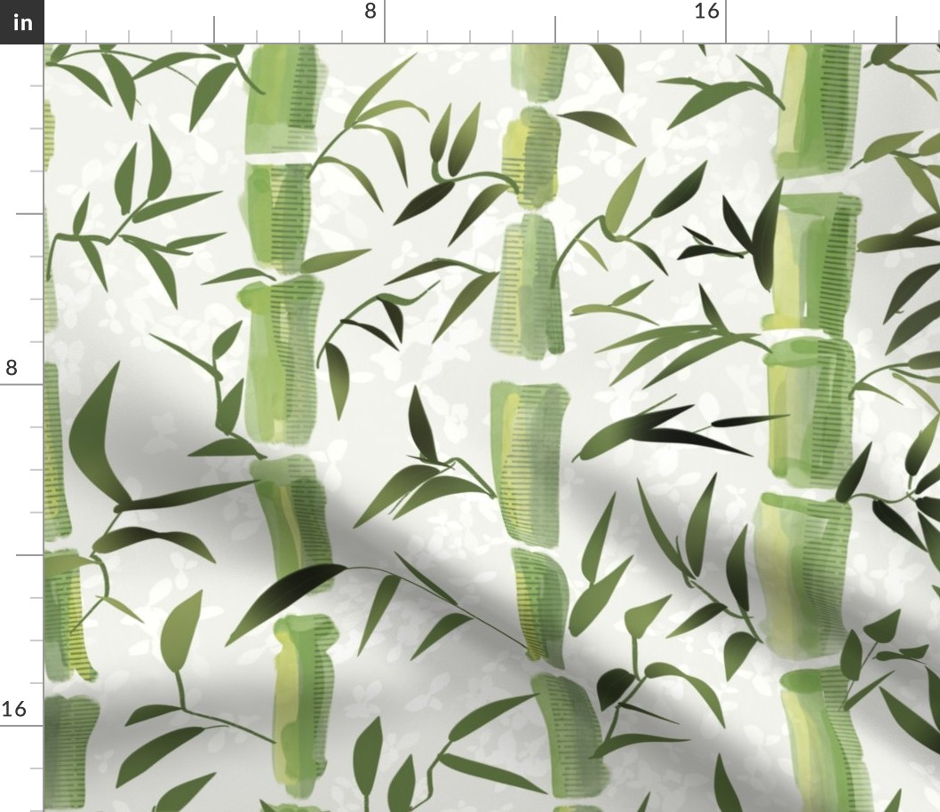 Fresh green Bamboo in stripes on an off white background with texture - large scale