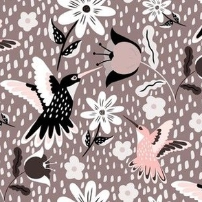Hummingbirds and flowers - pink black and white