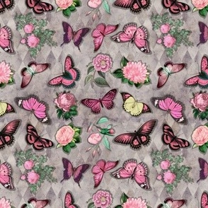 Vintage pink butterflies on diamond background