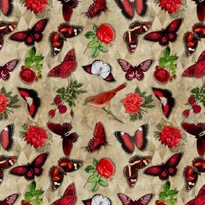 Vintage red butterflies on diamond background