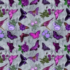 Vintage purple butterflies on diamond background