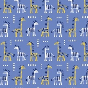 [Small] Stamped Giraffes Zebras - Blue: Contemporary cute minimal childhood-inspired animal print for kids, boys, baby, nursery