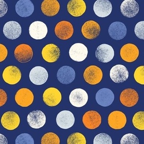 [M] Colorful Stamped Polka Dots - Yellow, orange, white and light blue on dark blue.  Hand stamped fun geometric print. Kids, Gender neutral, Nursery, Cute, Childhood  