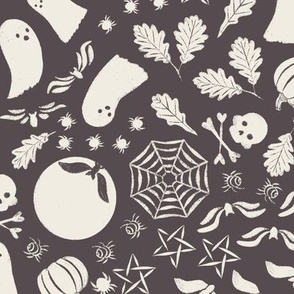 Ghosts, Bats, Spiders, Pumpkins, and Skulls | Creamy White, Purple-Brown-Gray | Halloween