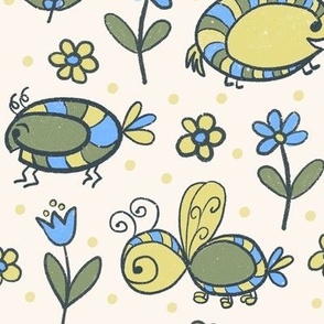 019 - Medium scale hand drawn bugs with textures and polka dot background, in sky blue, olive green and lime yellow, unisex gender neutral palette for kids apparel, nursery decor, cute baby tops, curtains, cot sheets and feature wallpaper.