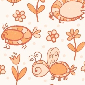 019 - Medium scale hand drawn bugs with textures and plaid background, in apricot, cream and blush unisex gender neutral palette for kids apparel, nursery decor, cute baby tops, curtains, cot sheets and feature wallpaper.