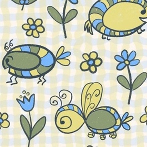 019 - Medium scale hand drawn bugs with textures and plaid background, in sky blue, olive green and lime yellow, unisex gender neutral palette for kids apparel, nursery decor, cute baby tops, curtains, cot sheets and feature wallpaper.