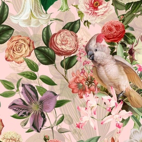 Cockatoos Tropical Paradise Vintage Botanical Illustration With Exotic Birds And Plants On Pink