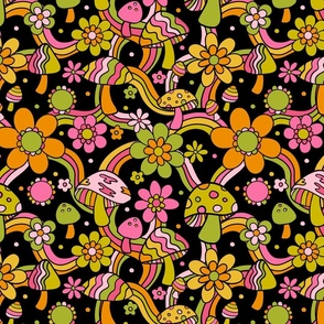 Yesterday Rainbow Flowers and Mushrooms Citrus Black BG - Large Scale