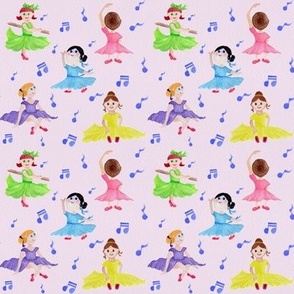 Tiny ballerinas hand painted in watercolor pastel colors with a pink background.