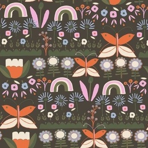 Miniature Wallpaper with pink Rainbows, orange Butterflies, and blue Flowers