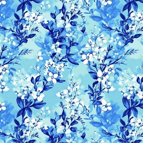 Bright blue floral. Dark blue flowers branches.