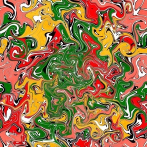 Marbling paint pour Suminagashi abstract colourful multicoloured non directional 12” repeat emerald green, yellow, bright red, salmon coral and white