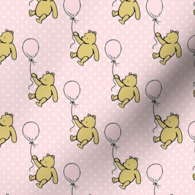 Smaller Scale Classic Pooh and Balloons on Soft Pink Polkadots