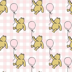 Bigger Scale Classic Pooh and Balloons on Soft Pink and White Gingham Checker