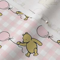 Smaller Scale Classic Pooh and Balloons on Soft Pink and White Gingham Checker