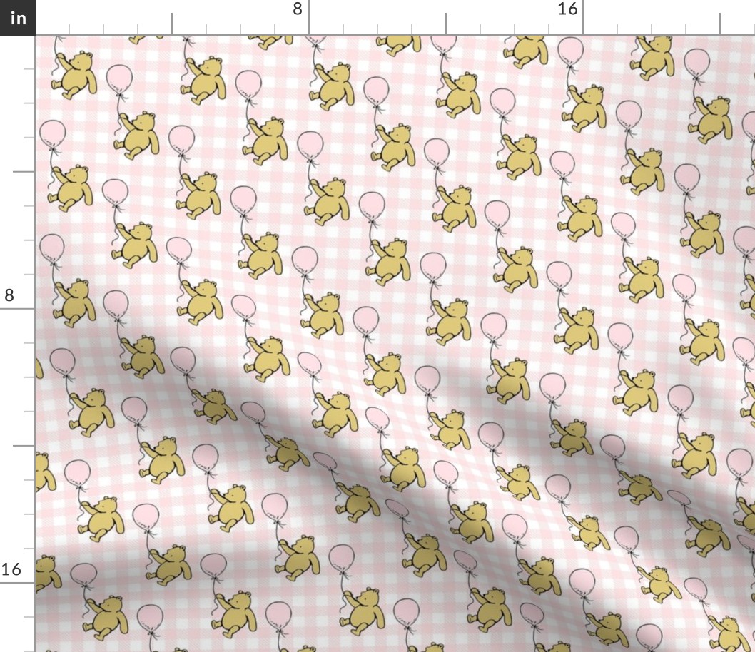 Smaller Scale Classic Pooh and Balloons on Soft Pink and White Gingham Checker
