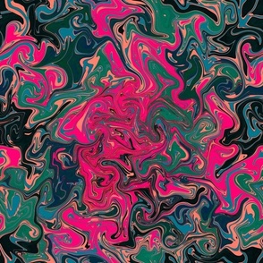 Marbling paint pour Suminagashi abstract colourful multicoloured non directional 12” repeat Fuschia, cerise,black, blue,teal,salmon coral