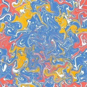 Marbling paint pour Suminagashi abstract colourful multicoloured non directional 12” repeat Denim blue, yellow, coral, orange and white