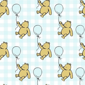 Bigger Scale Classic Pooh and Balloons on Pale Blue Gingham Checker