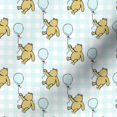 Smaller Scale Classic Pooh and Balloons on Pale Blue Gingham Checker